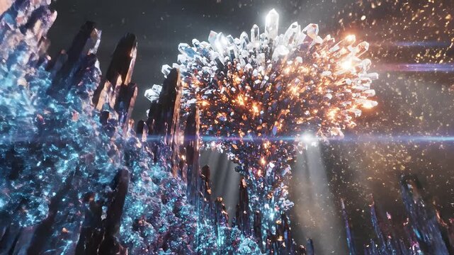 Low angle macro view of golden music notes and treble clefs on a reflective surface glowing in soft light under a majestic luminous crystal tree in a fantastical mystical forest