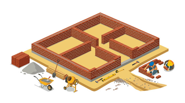 Two construction workers in safety gear assemble red brick walls on a foundation plot with a cement mixer and building supplies in a warm-toned environment.