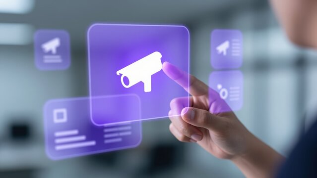 Navigating Security: A person's hand interacts with a holographic interface, selecting a security camera icon amidst other digital options, illustrating technological advancement in surveillance.