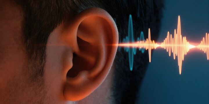 Man listens sounds waves. Auditory perception simulation shows voice signal. Ear analyzes audio input. Hearing health check medical concept. Sound waves enter human ear.