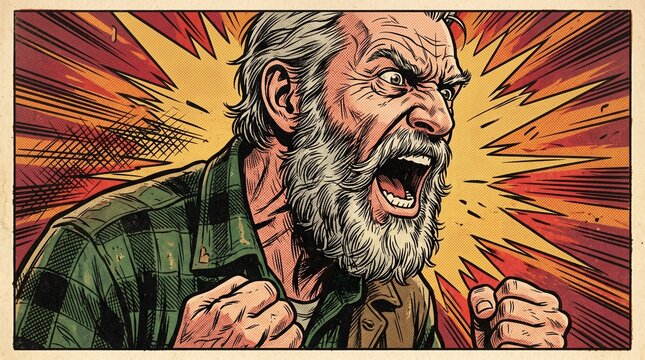 Angry old man with beard shouting.