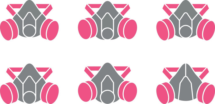 Set of industrial respirator masks flat vector design in gray and pink ideal for safety and health-related graphics