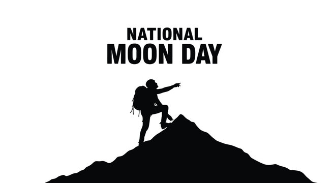 Silhouette hiker pointing towards the moon on national moon day illustration graphic design