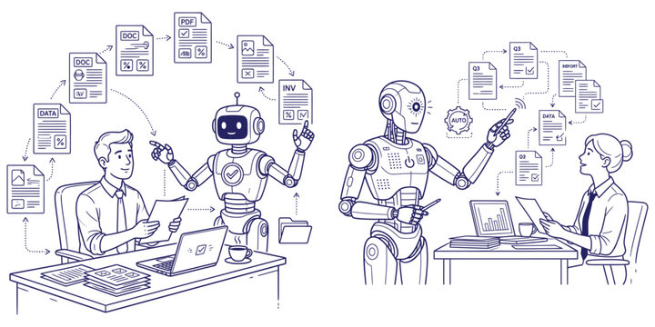 Artificial intelligence collaboration illustration with human office worker and robot assistant managing digital data.