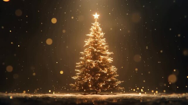 Radiant Christmas Tree: A beautifully lit Christmas tree, adorned with twinkling lights and a star, stands in a serene, magical scene, illuminated against a warm glow, creating a festive atmosphere.