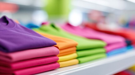 Naklejka premium Brightly colored folded t-shirts stacked on retail shelf