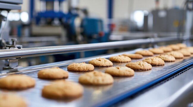 Freshly baked cookies on industrial conveyor belt in food factory