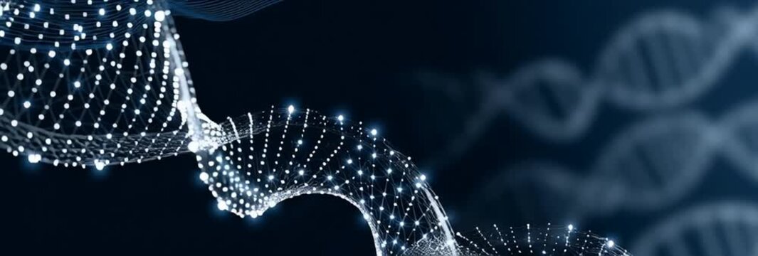 abstract background featuring multiple dna double helix diagrams on a deep navy blue field the foreground dna on the left is sharply defined with luminous white dots and interconnected Generative AI