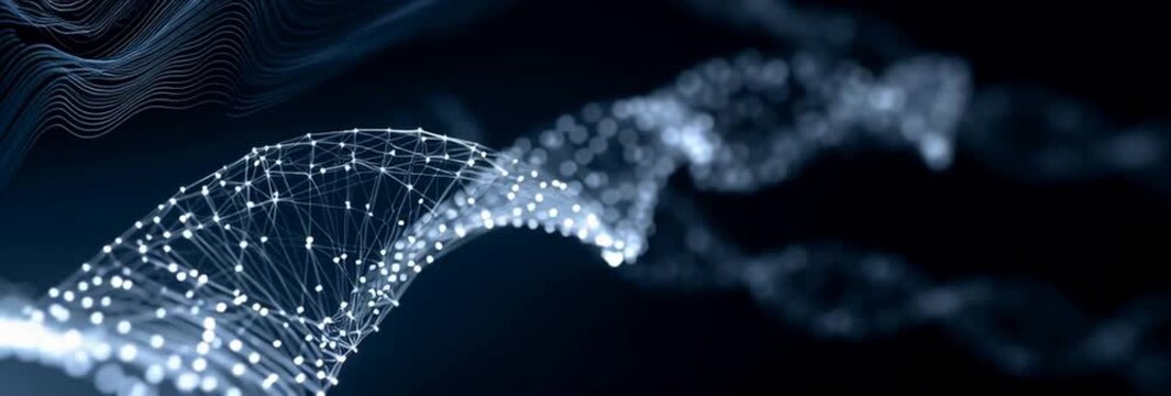abstract background featuring multiple dna double helix diagrams on a deep navy blue field the foreground dna on the left is sharply defined with luminous white dots and interconnected Generative AI