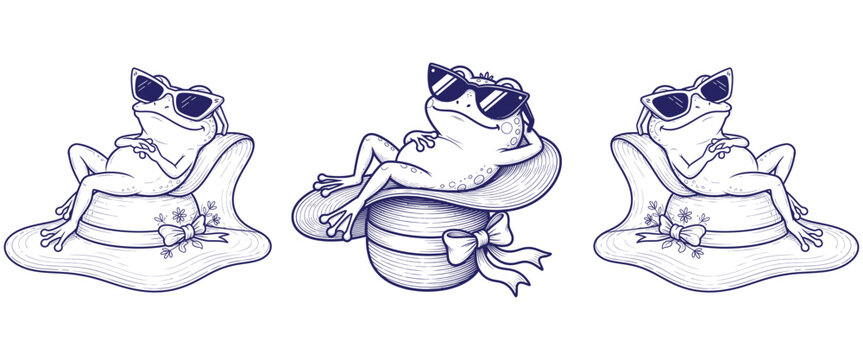 Three frogs wearing sunglasses relaxing on hats, humorous illustration, black and white outline drawing.