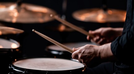 Naklejka premium drummer hands playing snare drum with drumsticks