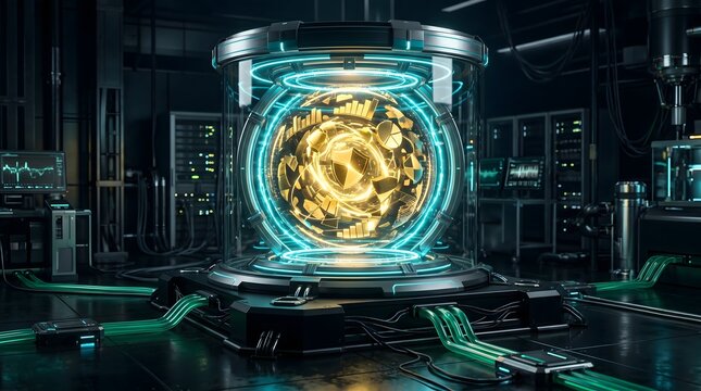 Glowing spherical core contained within a futuristic laboratory reactor