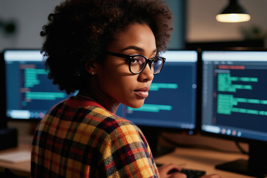 Young black woman programmer works late at desk typing code on computer. Female coder looks over shoulder at dual monitors with green text. Tech career, late night work session.