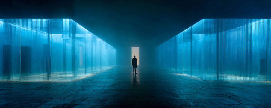 Diffused fog-filtered lights casting glowing edges on glass walls 32k ultra HD
