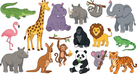 Obraz premium Cute Wild Animal Vector Character Set Featuring Lion Tiger Elephant Giraffe Panda Monkey and Hippo in Cartoon Style for Children Education and Safari Jungle Projects