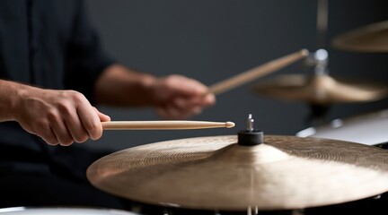 Obraz premium Drummer hands hitting hi-hat cymbal with wooden sticks