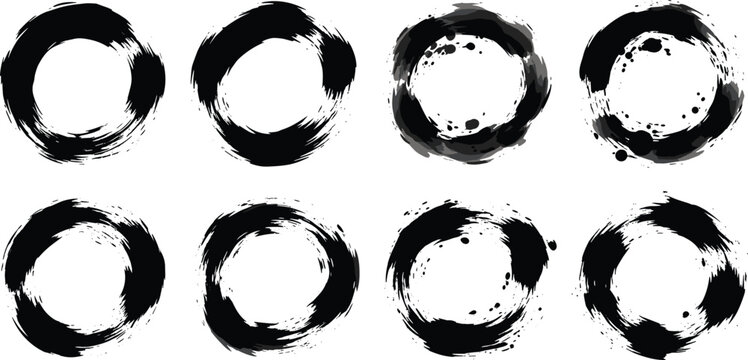 Black ink brush stroke circles set with grunge texture and hand drawn paint splash effects for zen enso art logos and creative frames
