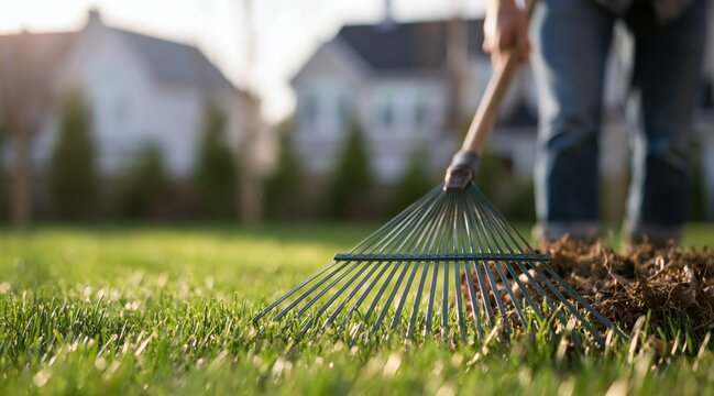 Person raking fallen leaves on green lawn in sunny backyard