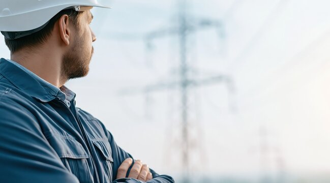 Male engineer in hard hat looking at high voltage tower