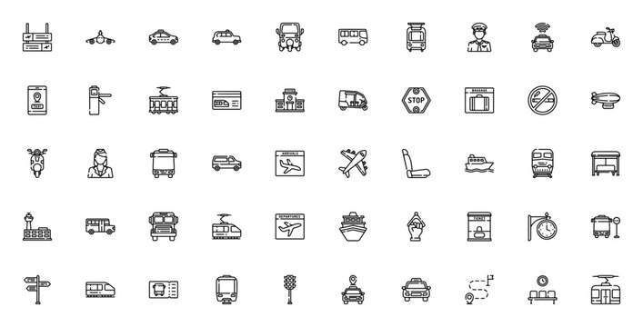 Public transportation icon set. Minimal line vector pack. Includes Airport, Airplane, Taxi, Bus, Train, Subway, Ship, Tram, Rickshaw, Cable car, Station, Ticket, and more. Editable stroke.