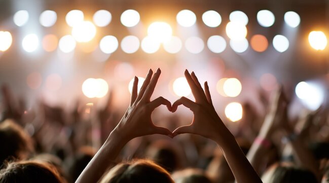 hands making heart shape in front of blurred concert stage with crowd