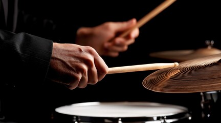 Naklejka premium Close up of drummer hands holding wooden sticks playing on hi-hat and snare drum