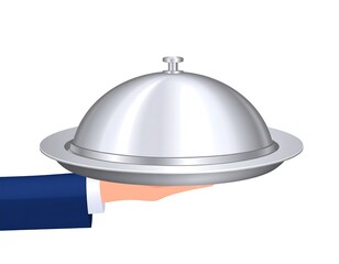 Fototapeta premium A cartoon rendering showing a gloved hand in a suit holding a covered, silver serving platter. The background is white