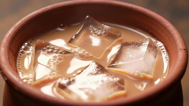 Beverage with ice in rustic terracotta bowl, close-up view, tan colored liquid