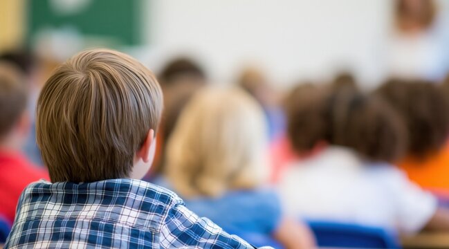 back view of schoolboy sitting in classroom during lesson