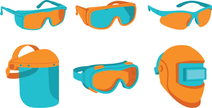 Set of various industrial safety glasses goggles face shield and welding helmet flat vector illustration of personal protective equipment for workplace protection