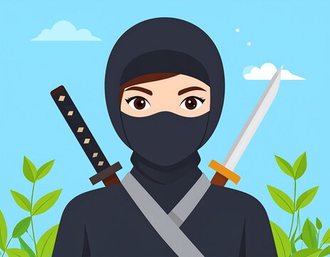 A cartoon-style depiction of a masked figure with two crossed swords against a blue sky with clouds and leafy greens