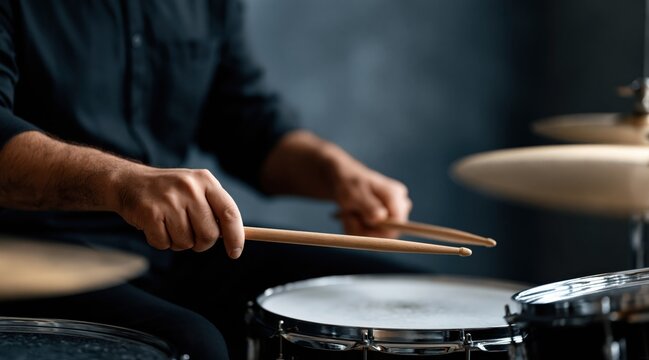 Musician hands playing snare drum with wooden sticks in dark room