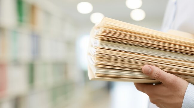person holding thick stack of manila folders with documents in office