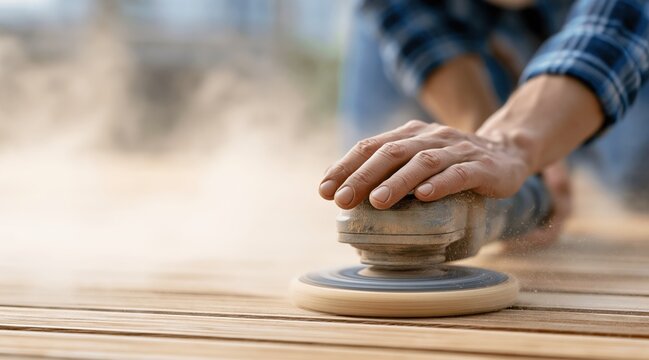 Close up of person using electric power sander on wooden floor planks with sawdust