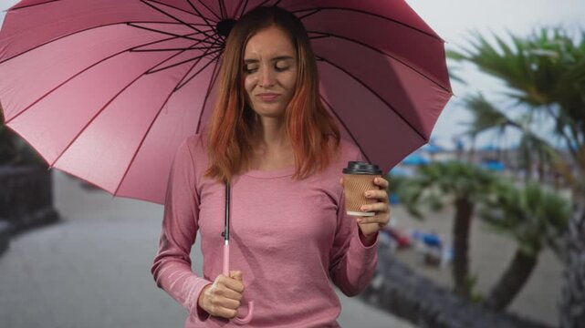 Woman young redhead wearing pink sweater holding pink umbrella and paper coffee cup on street promenade, squinting with a faint frown; annoyance.