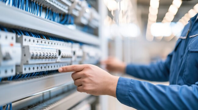 Electrician checking circuit breakers in industrial electrical control panel