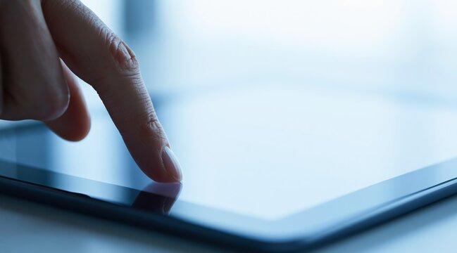 Person finger touching digital tablet screen in close up view