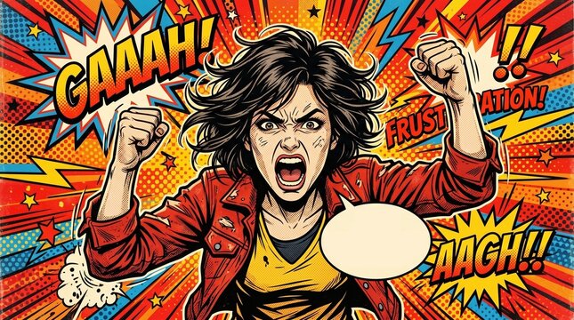 Angry woman with comic book explosion.