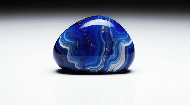 Polished sodalite stone displays wavy white and dark blue bands. Stone rests on reflective white surface with dark background. Gem shows glossy shine and intricate natural patterns.