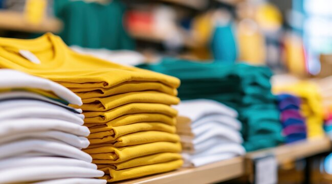 Stacks of folded colorful t-shirts on wooden shelf in retail store