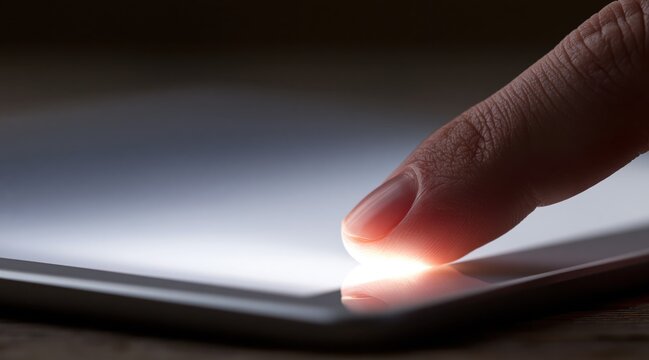 Close up finger touching glowing digital tablet screen in dark room