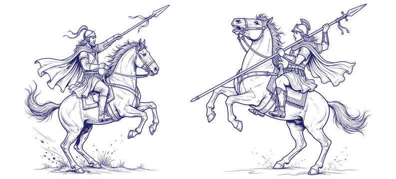 Two warriors on horseback with spears drawn for battle, capturing dynamic motion and historical valor in detailed line art.