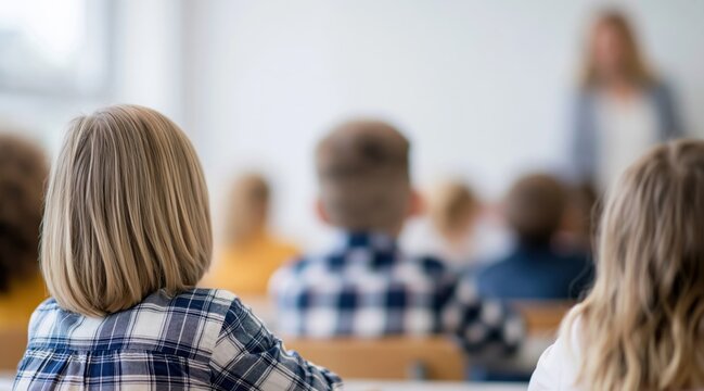 Rear view of schoolgirl with blonde hair in classroom with classmates and teacher