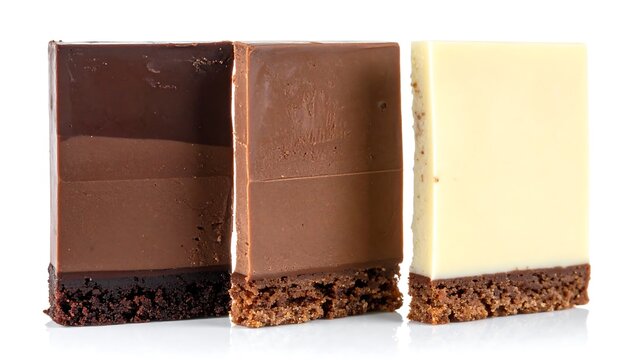 Three assorted layered chocolate bars with dark milk and white chocolate isolated on white