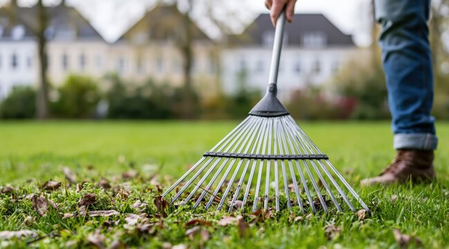 Person raking dry leaves on green lawn with metal rake in garden