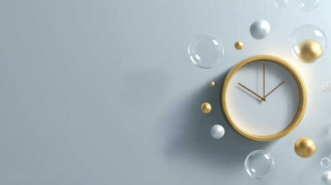 A gold clock with bubbles around it, suggesting passing of time. The clock is minimal and decorative. 