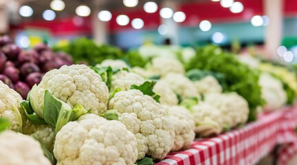 Obraz premium Fresh cauliflower heads on display at market stall