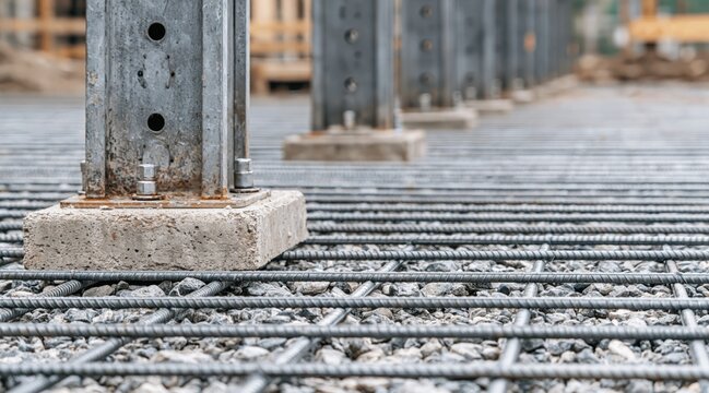 Steel columns anchored to concrete bases on rebar grid at building foundation