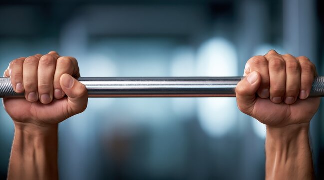 Close up of hands gripping metal bar for strength training