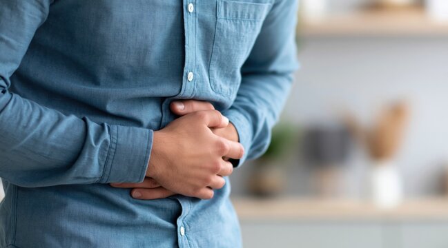 Man suffering from stomach ache holding painful abdomen